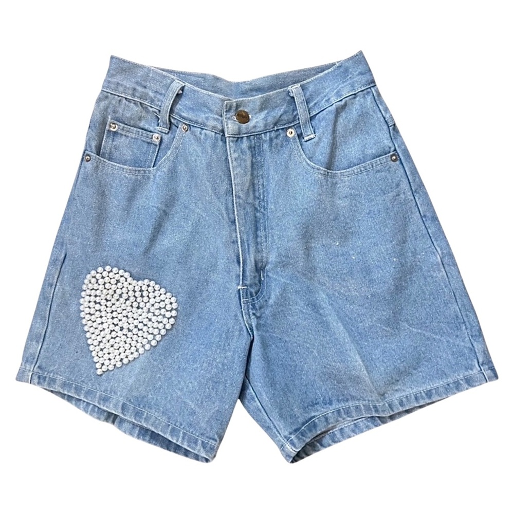 Vintage‎ 1990’s APPEAL High-Waisted Denim Shorts with Pearl Heart Embroid…